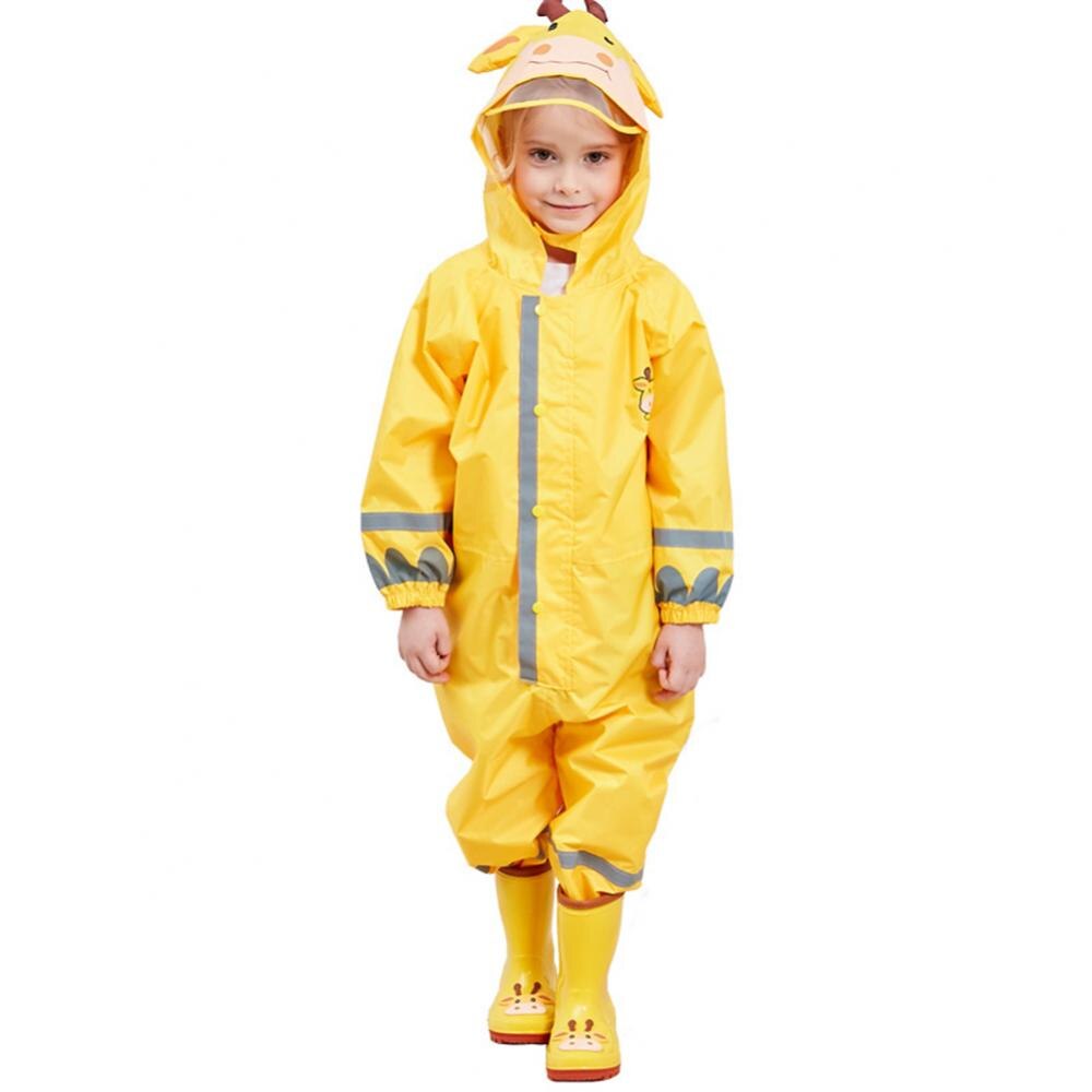 Chubasquero impermeable de una pieza para niños, abrigo de lluvia con dibujos de animales, tira reflectante, Poncho con capucha, Bata: YELLOW / S