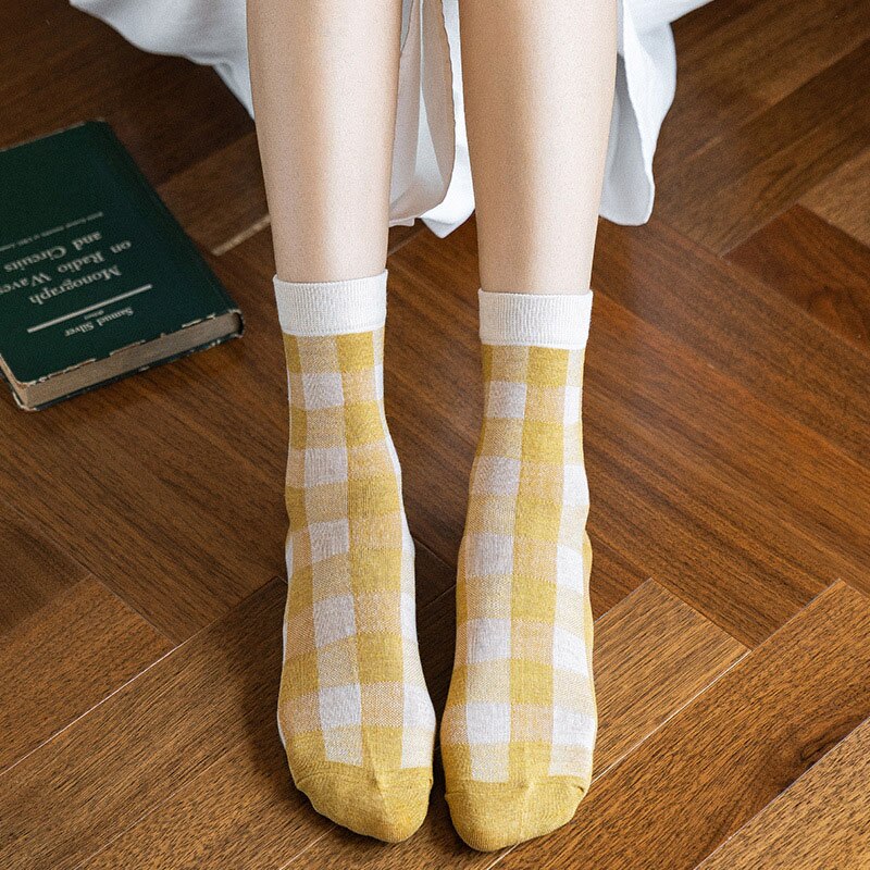 Girls Plaid Print Colorful Women Cotton Socks Funny Harajuku Cute Crew Ankle Casual Ladies Long Tube Socks