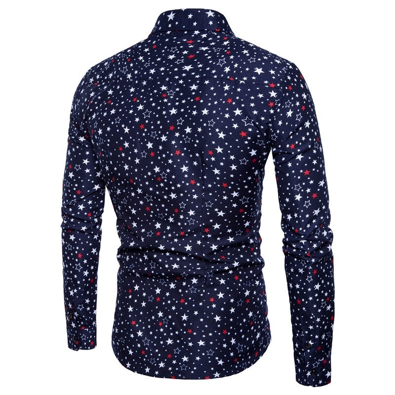 Skjorte med stjerner med print til mænd afslappet herretøj koreansk streetwear langærmede slim fit skjorter hvide top skjorter til mænd  mb14