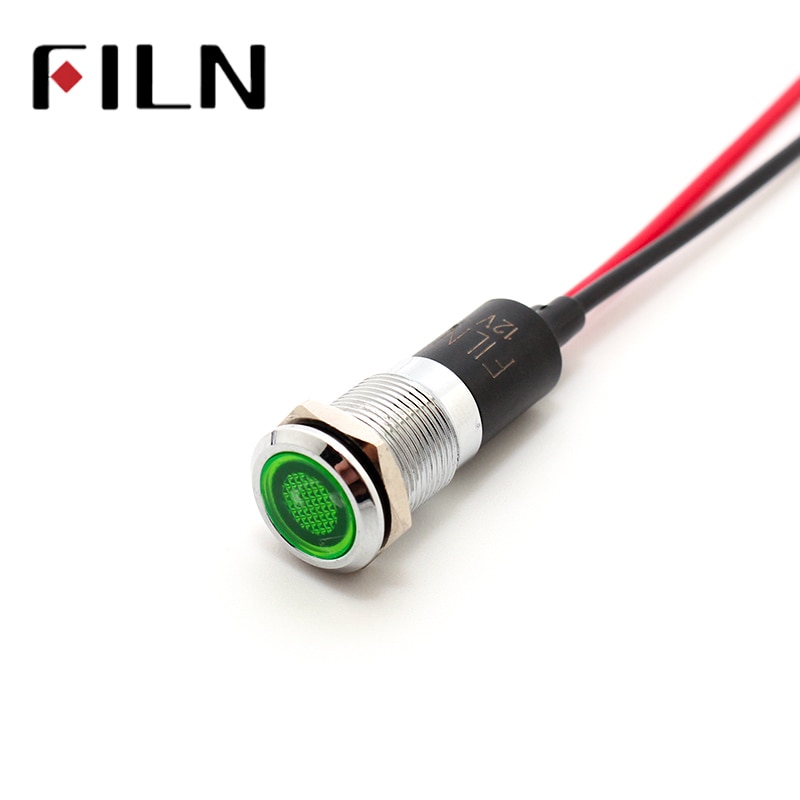 FILN 12mm 3v 6v 24v 220v mini pilot lamp red blue green white metal light rechargable indicator lamp with 20cm cable