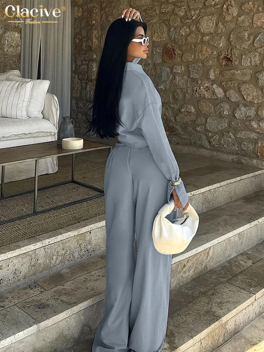 Clacive verlieren Grau Baumwolle Hosen einstellen 2-teiliges Frau Elegante Langarm Ernte oben Mit Mittlerer Taille Breite Hosen einstellen Weibliche