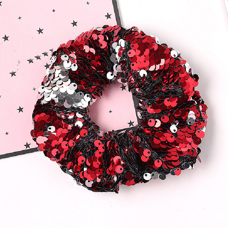Paljett hår scrunchie glitter hårslipsar färgglada elastiska hårband vändbara paljetter scrunchies för flickor kvinnor håraccessoarer: Röd