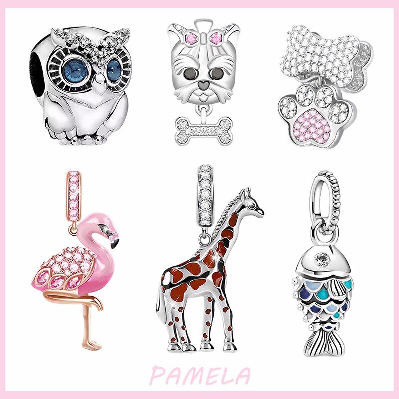 PAMELA-abalorios de plata esterlina 925 para mujer, abalorios de flamenco rosa, perro, búho, Animal, bricolaje para pulsera colgante Original, joyería de