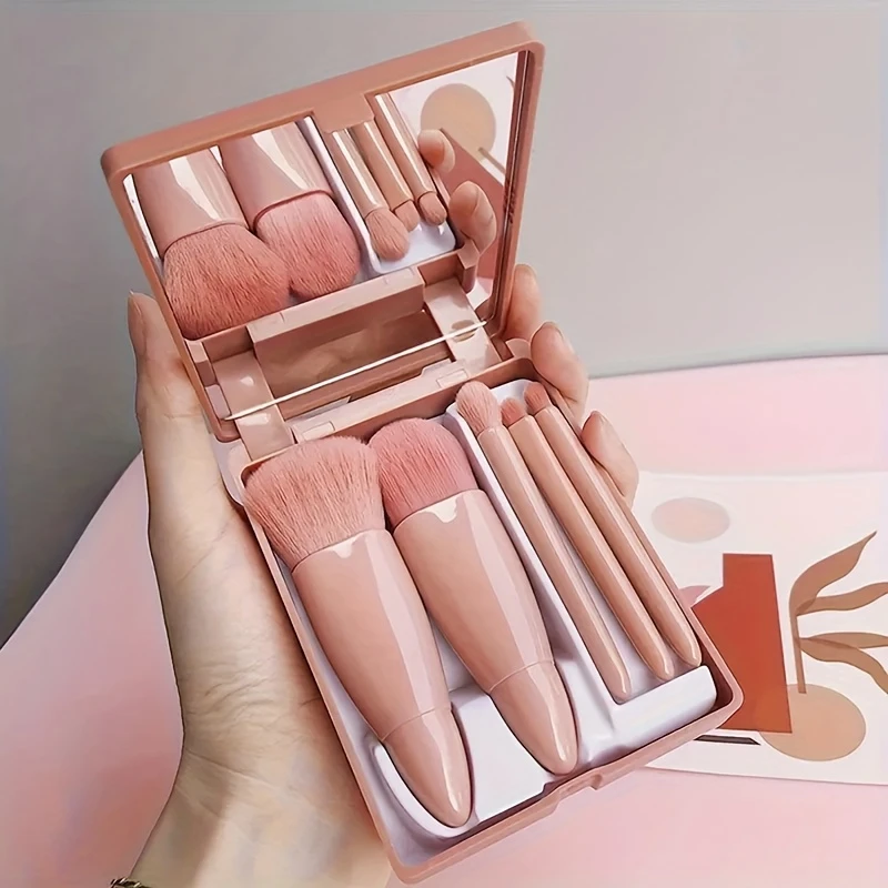 5-teiliger Kosmetikpinsel, tragbarer Make-up-Pinsel für unterwegs, mit Spiegelbox, Make-up-Set, Pinsel, loser Pinsel, Rougepinsel, Lidschattenpinsel: Black