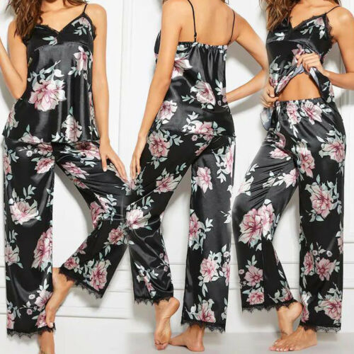Women Ladies Summer Pyjamas Sets V-Neck Lace Floral Sleeveless Nightwear