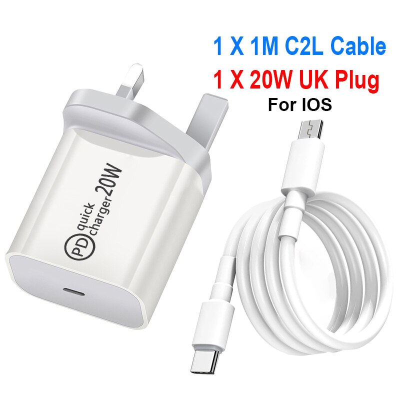 Adaptador de cargador USB tipo C, carga rápida de teléfono, PD, 20W, para iPhone 12, 11 Pro Max, X, Xs, Xr, 7, AirPods, iPad, Huawei, Xiaomi, Samsung: UK C2L