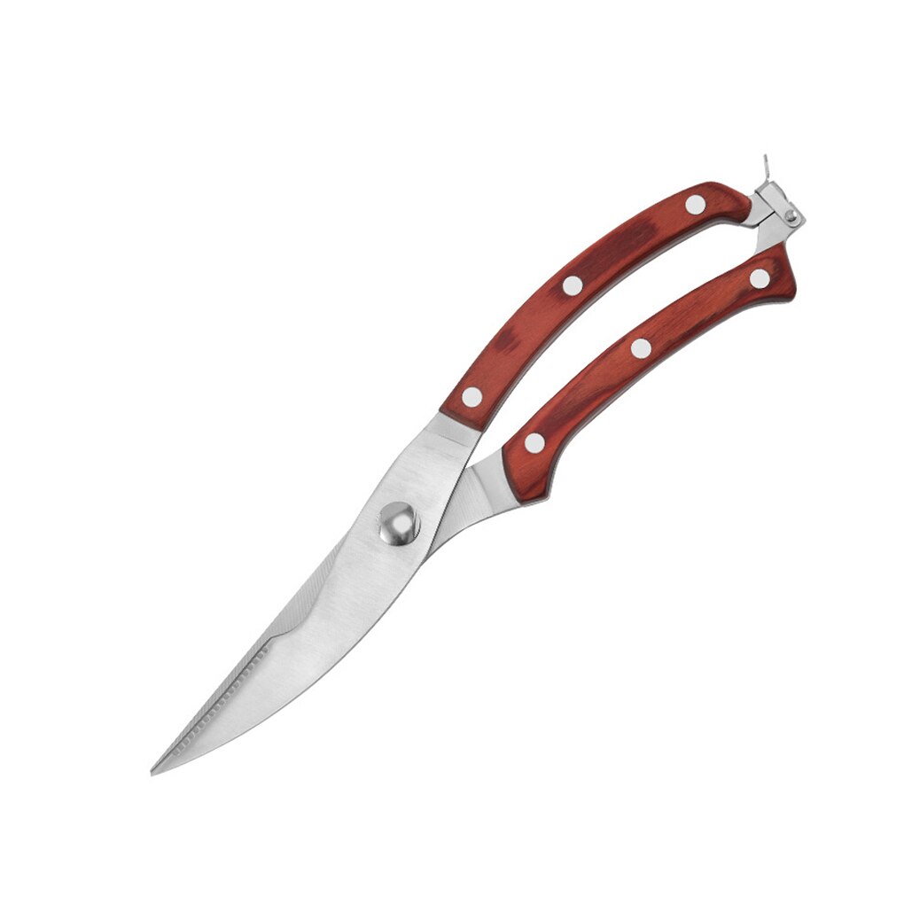 Kitchen Scissors Stainless Steel Chicken Bone Duck Shears Meat Vegetable Cook Portable Spring Loaded Scissor Barbecue Gadget: Wood Handle