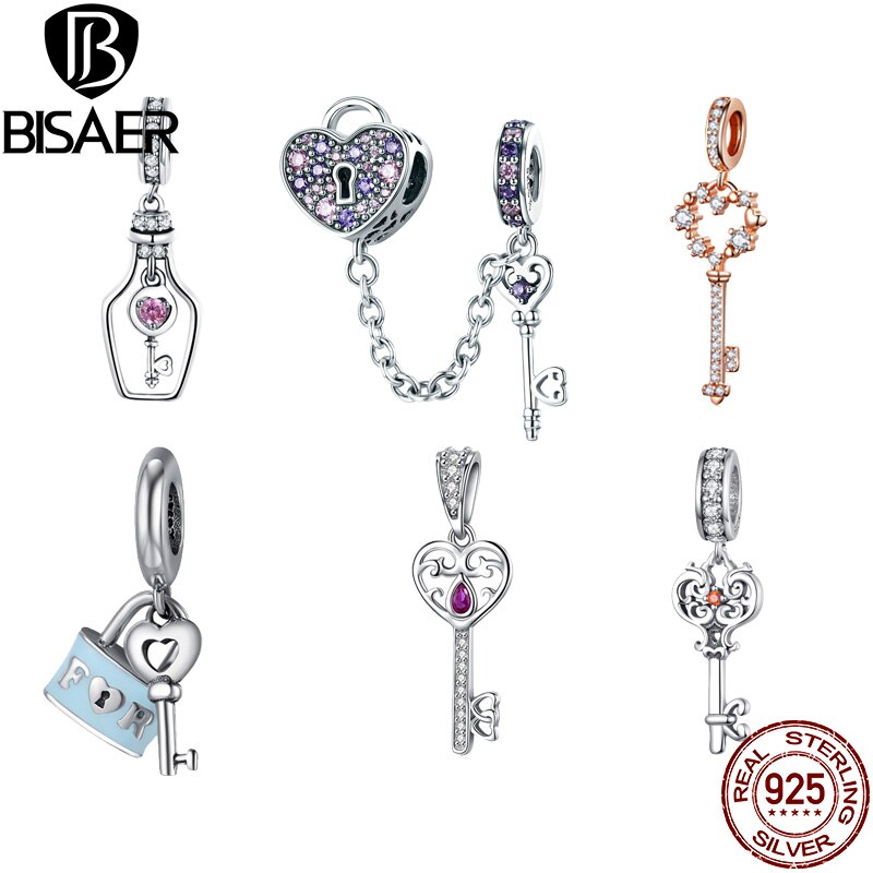 BISAER réel 925 argent Sterling clé serrure de coeur breloques rose CZ coeur perles ajustement pour les femmes Bracelet bijoux à bricoler soi-même faisant ECC772