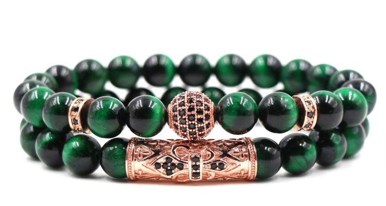 8mm 2 stks/set tg43 elastische aangepast natuur groene Tijgeroog bead micro pave cz zirkoon zirconia Koperen Armbanden Armband