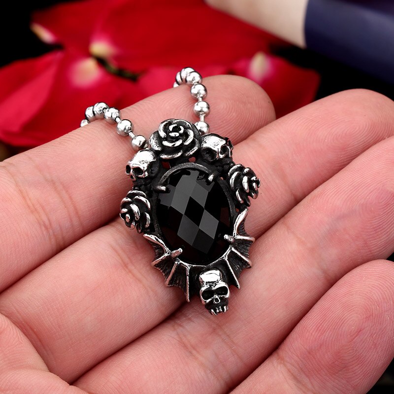 punk Acciaio Inox Cranio Collana Del Pendente Del Fiore con La Pietra Nera Degli Uomini di Modo del regalo Dei Monili della catena