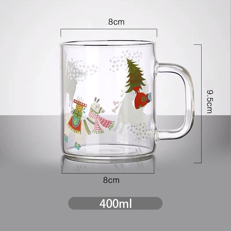 Jultryck glas mugg handtag dubbelskikt isolering tjock glas kopp jul dekor muggar hem vatten koppar värmebeständigt: Fårhandtag