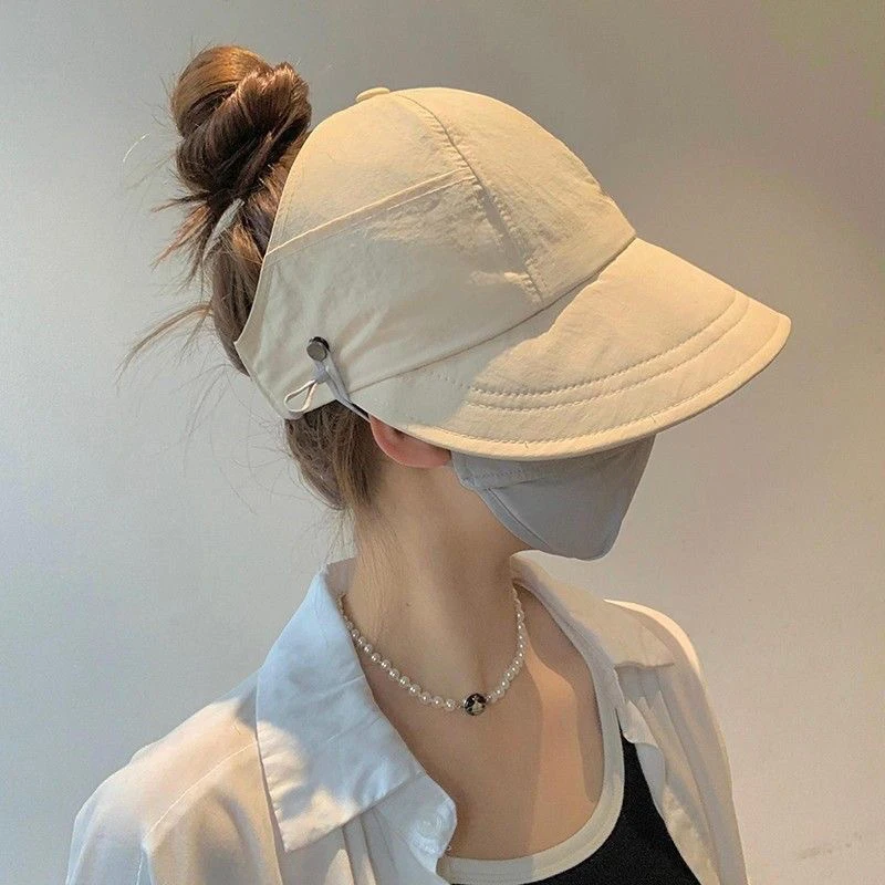 1 Stuks Opvouwbare Brede Rand Paardenstaart Zonnehoed Zomer Sneldrogende Uv-bescherming Emmer Hoed Voor Vrouwen Visser Caps met Masker Knop: Beige