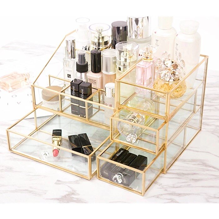 Antique Spacious Mirror Glass Cosmetic Storage Cube Set with 3 Tier Dustproof Drawers Vanity Tray/Gold Metal Makeup Storage