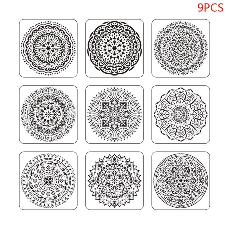 9pcs/set Mandala Stencil Drawing Template for Tile Floor Painting Board Album