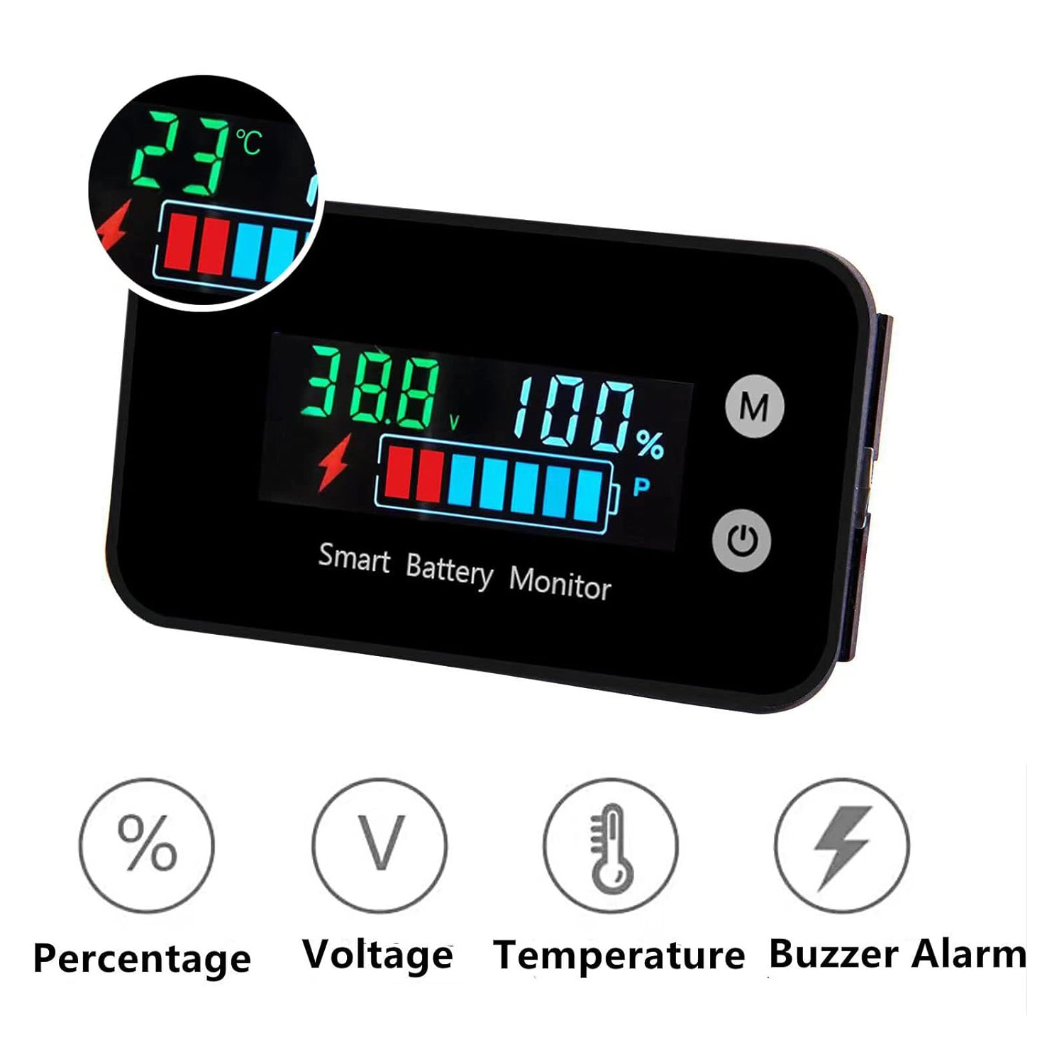 Waterdichte batterijmonitormeter 7-100V auto motorfiets golfkar batterijcapaciteitstester met zoemeralarm en temperatuur