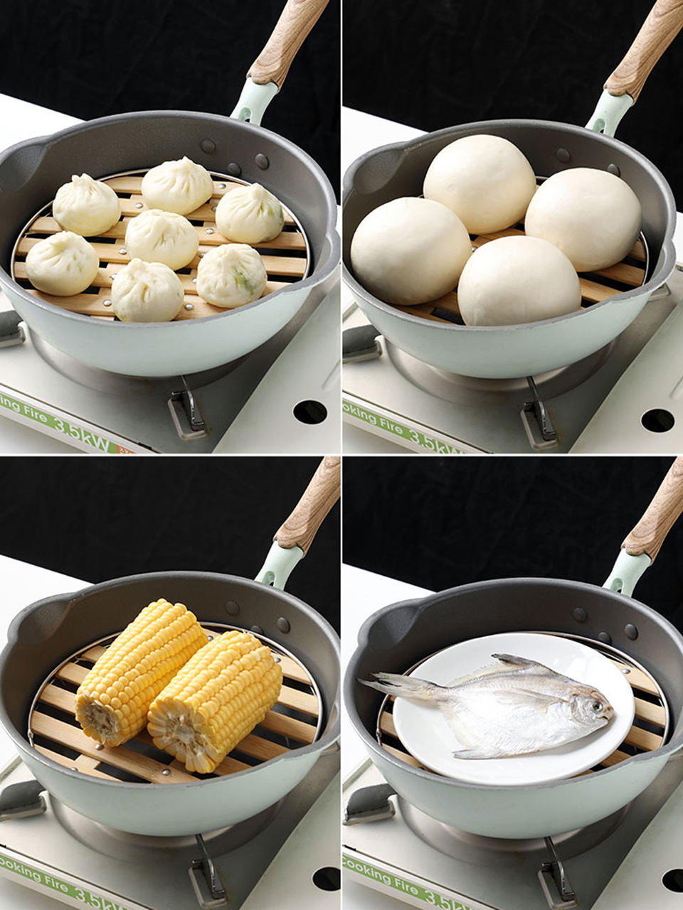 Vaporera redonda de bambú para el hogar, vaporera de acero inoxidable para cocinar al vapor bollos y fideos, suministros de cocina chinos