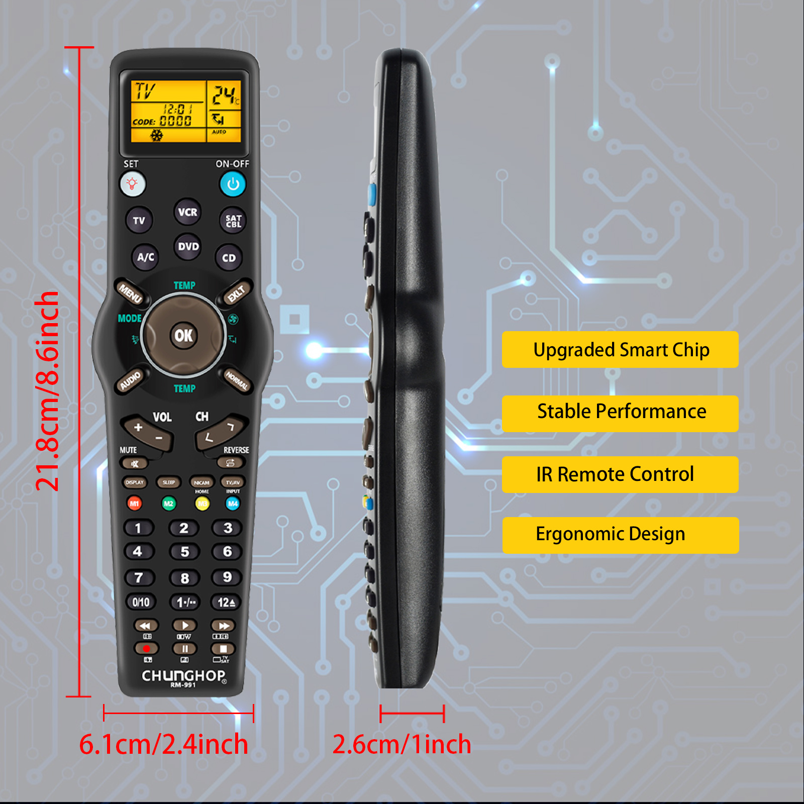 6 in 1 rm-991 universele afstandsbediening leer- en kopieercodeset voor tv/satelliet/dvd/cbl/cd/ac/vcr met achtergrondverlichting chunghop