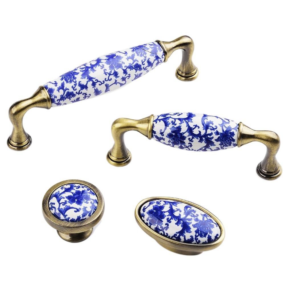 Porcelain Flowers Blue And White Furniture Antique Dresser Cabinet Handles Door Handle Pull Handles Drawer Knobs