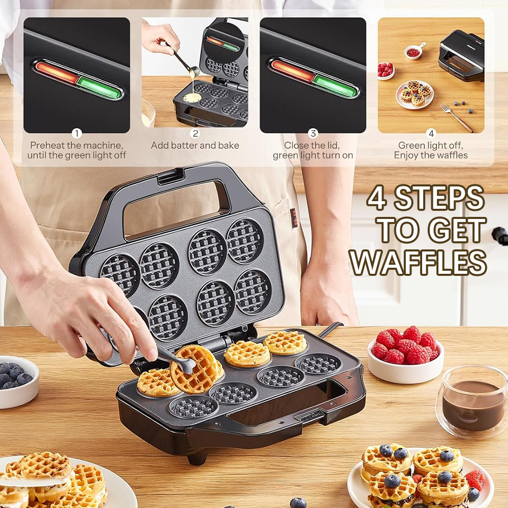 Mini Waffle Maker 8 x 2'' Tiny Waffle Cooking Machine Nonstick Iron Cake Waffles Griddle Quick Heat-Up for Kids Snack Breakfast