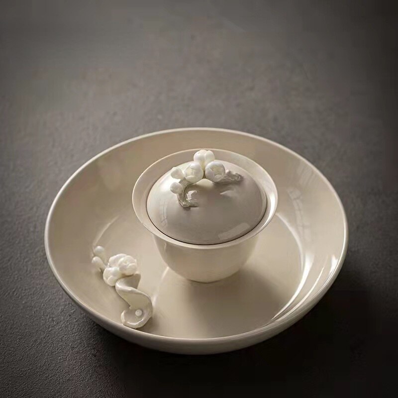 Handmade Pinch Flower Gaiwan Ceramic Tea Cup and Pot Holder Set Kung Fu Tea Set Tea Bowl Chinese Tea Maker Teacup Tea Canister: 03