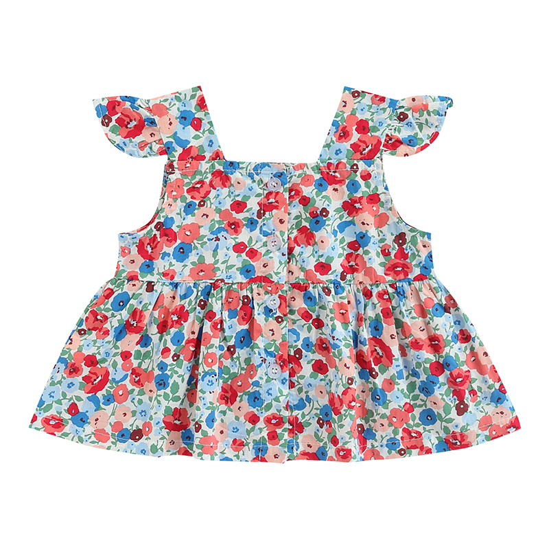 Tops de verano para niña pequeña, Camiseta con estampado de flores, manga con mosca, cuello cuadrado, cierre de botón, línea A