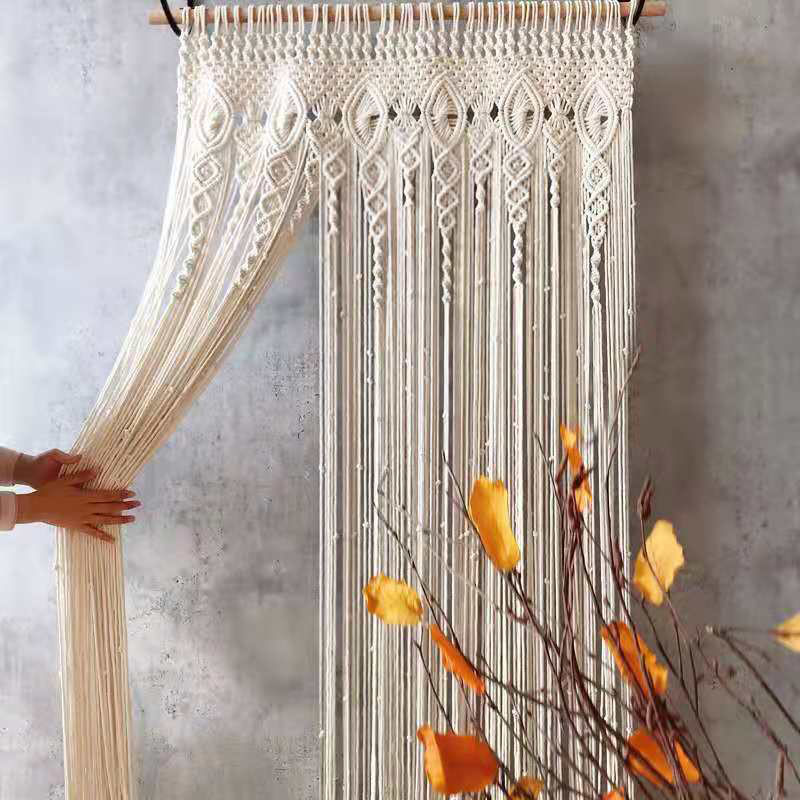 Cortina de puerta de macramé tejida a mano, tapiz bohemio para colgar en la pared, para el hogar, ventana, puerta, dormitorio, sala de estar, decoración de fondo de boda: 1.440 mm × 960 mm