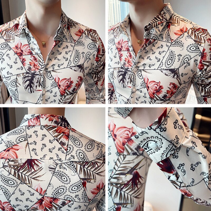 Plus Size 4XL-M Printed Shirts Brand Clothing Men Social Tuxedo Slim Long Sleeve Baroque Slim Party Shirt