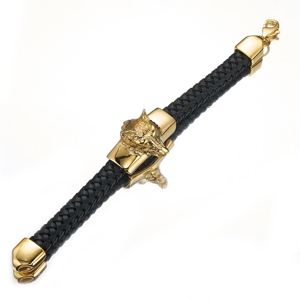 Vintage bijoux hommes garçons argent/or acier inoxydable breloque Animal loup tête Bracelet en cuir noir Bracelet Bracelet 15mm * 21cm