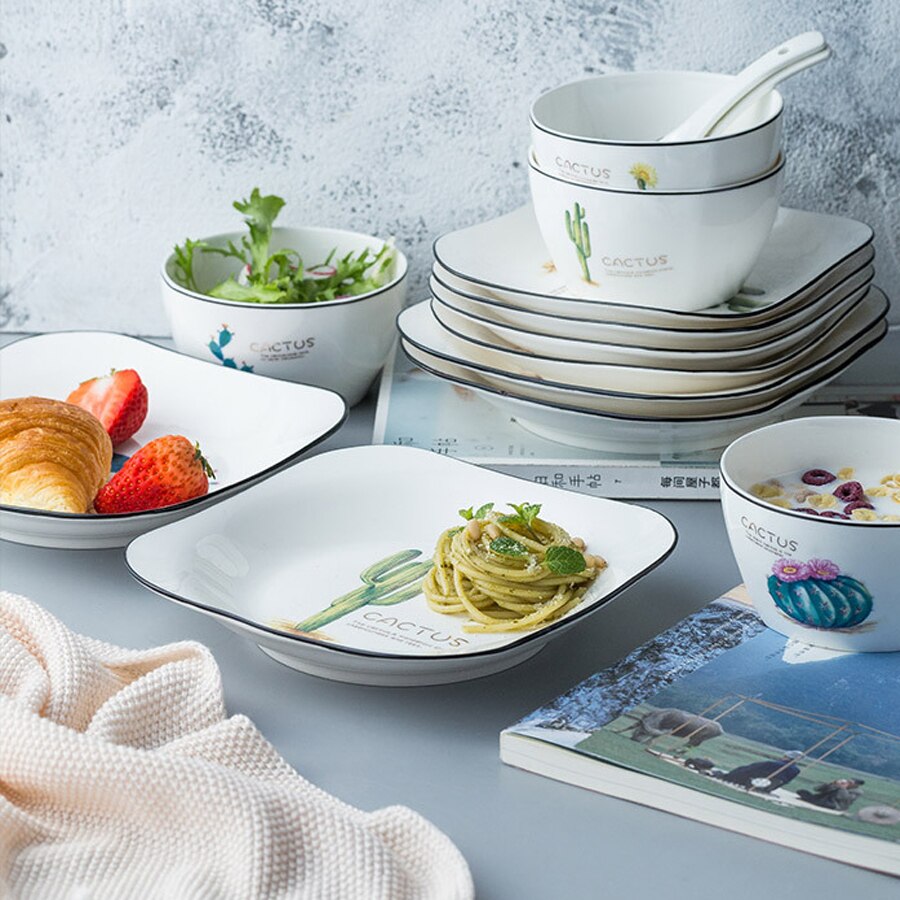 1 Pcs Square ceramic plate Ceramic Dinner Set Porcelain Dessert Plate Steak Salad Snack Cake Plates Tableware Cactus square dish
