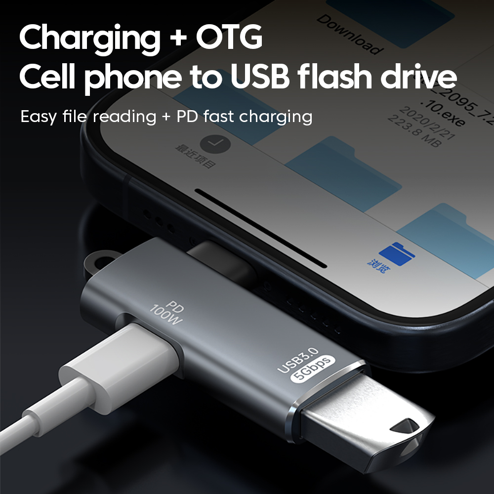 Adapter OTG 2 w 1 Kolanko PD100W Szybkie ładowanie typu C męski na żeński konwerter typu C/USB Złącze słuchawek USB do iphone 15