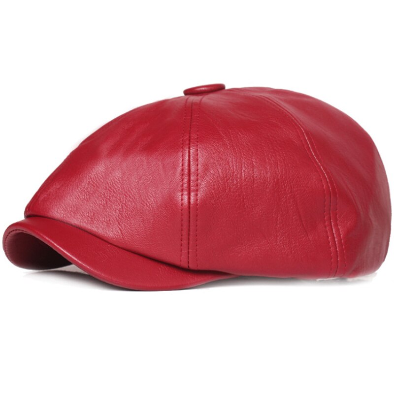 HT3421 Berets Women Spring Autumn PU Leather Hat Female Artist Painter Beret Hat Lady Solid Red Black Grey Octagonal Newsboy Cap: Red