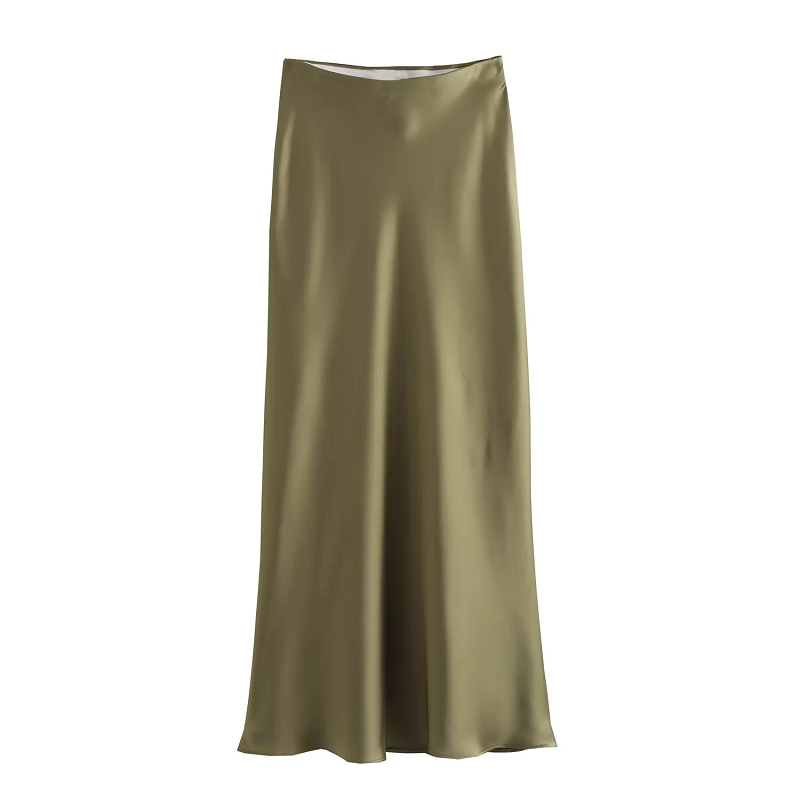 ONKOGENE Satin Midi Frauen Rock Mittlere Taille Falten Dame Rock 2024 Frühling Sommer Neue Elegante Casual Büro Frauen Kleidung: M / Armee Grün