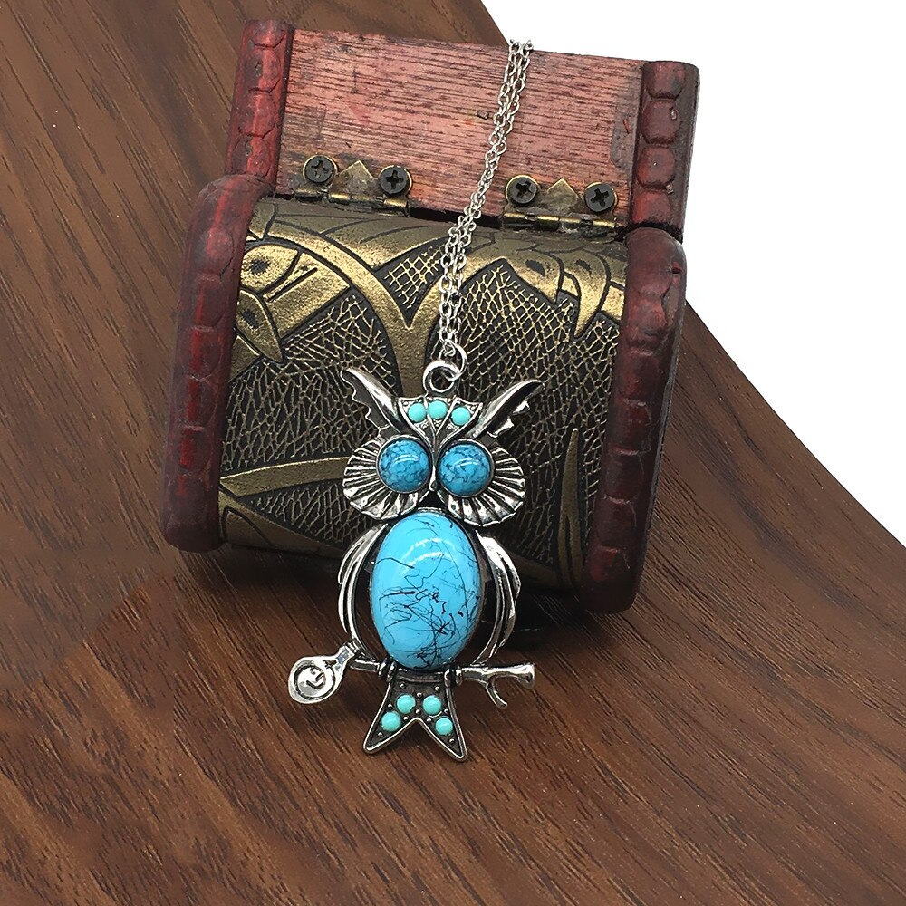 Retro Turquoise Uil Hanger 925 Zilveren Ketting Mode Trui Keten Sieraden Handgemaakte Geluk Amulet Voor Mannen Vrouw