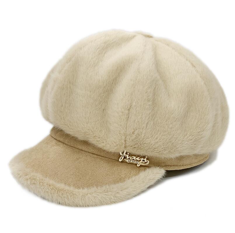 Hatte til kvinder imiteret pels plys tyknet varm ottekantet hat efterår vinter koreansk hat afslappet newsboy hætter: Beige