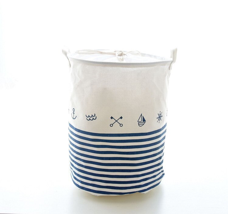 Panier de rangement ménager pour vêtements sales, bac ancre pour coton et lin, seau pour vêtements sales avec ceinture: white-blue