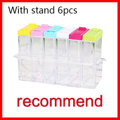 Transparent Spice Jar Set Salt and Pepper Seasoning Bottle Colorful Lid Kitchen Condiment Cruet Storage Container: with stand 6pcs-C