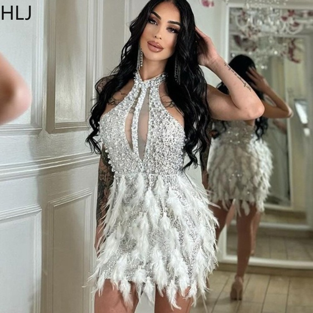 Hlj sexet mesh splicing pailletter fjer bodycon festklubkjole kvinder rund hals ærmeløs slank vestidos kvindeligt aftentøj