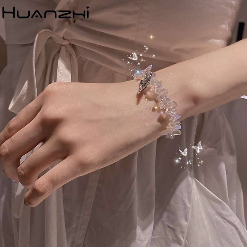 Huanzhi 2020 nova fada doce borboleta pingente irregular cristal transparente elástico corda pulseira para festa feminino jóias