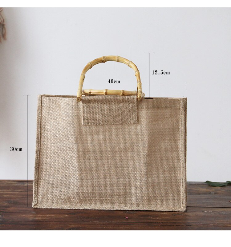 Jute Vrouw Hand Tas Katoen Hennep Jute Boodschappentas Bamboe Handvat Klassieke Shopper Tassen Lady Hand Tassen Eco Vriendelijke tassen: Chocolate