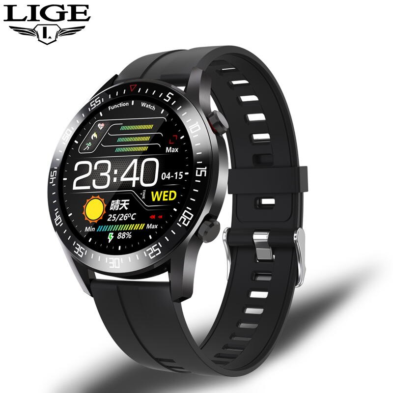 Lige tela de toque completa relógio inteligente masculino smartwatch para android ios freqüência cardíaca monitor pressão arterial à prova dwaterproof água relógios fitness: black