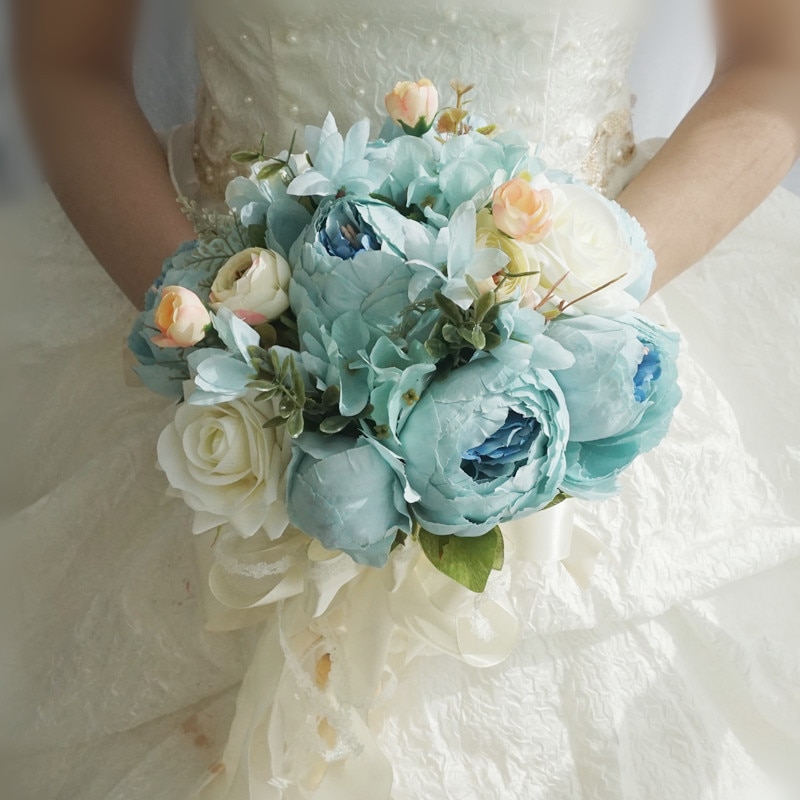 Pivoine bleue Bouquets de mariée Rose vraie touche femmes mariage fleur artificielle Bouquet Studio Photo Simulation tenant des fleurs