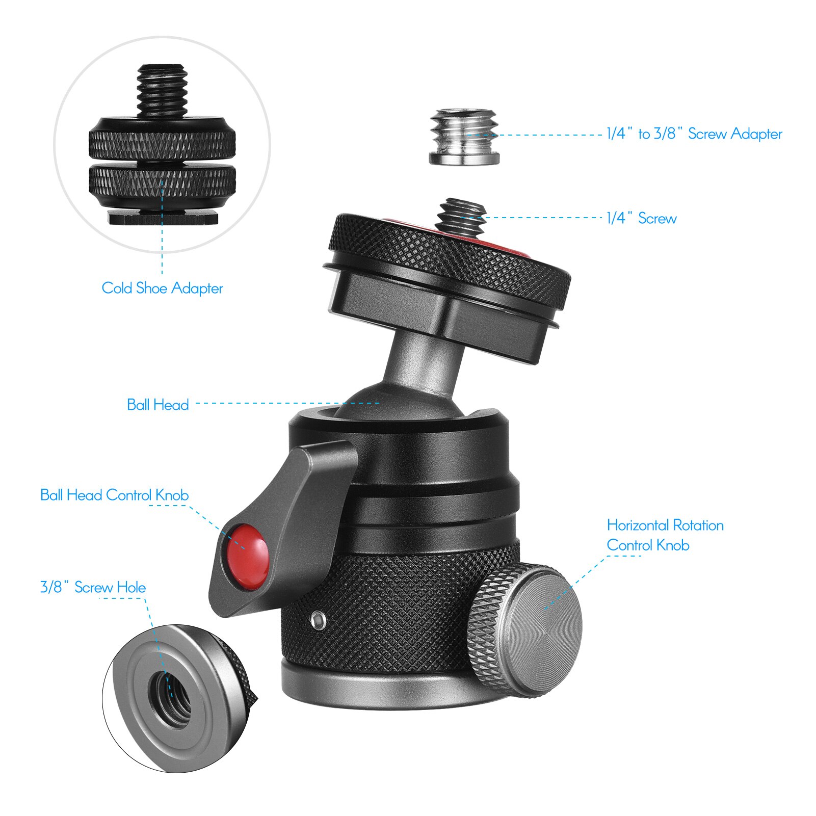 Mini adaptador de cabeça de esfera andoer, adaptador de sapata fria com rotação 360 °, liga de alumínio, parafuso de 1/4 "e 3/8" para monitor de câmera