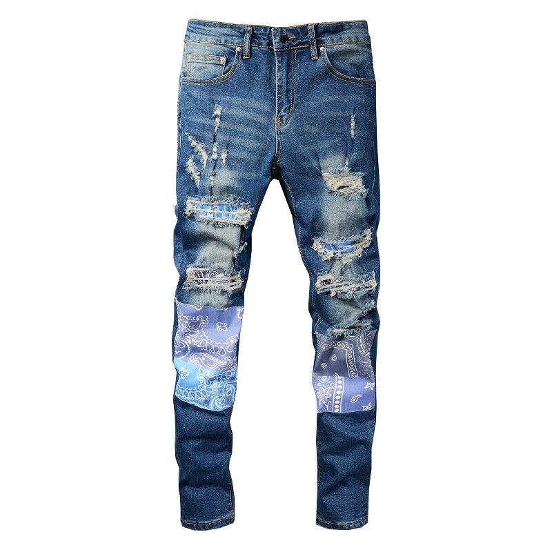 Jeans Patch da uomo con stampa Bandana Paisley fori Streetwear pantaloni strappati in Denim elasticizzato strappato pantaloni Slim affusolati
