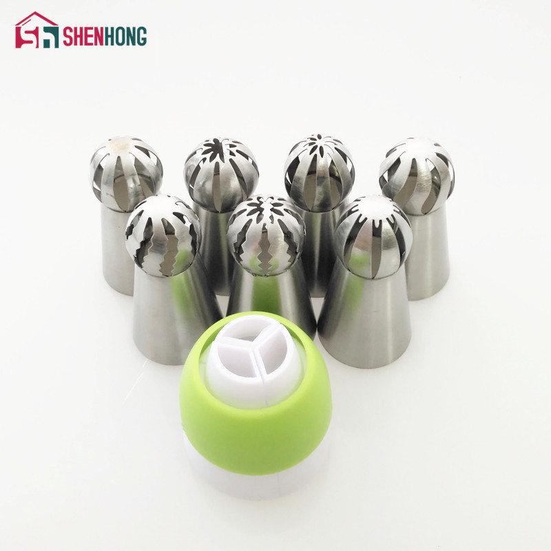 7 stks/set Sferische Russische Piping Tips En Koppeling Nozzle Tips Bal Nozzle Bol Rvs Icing Pastry Cupcake