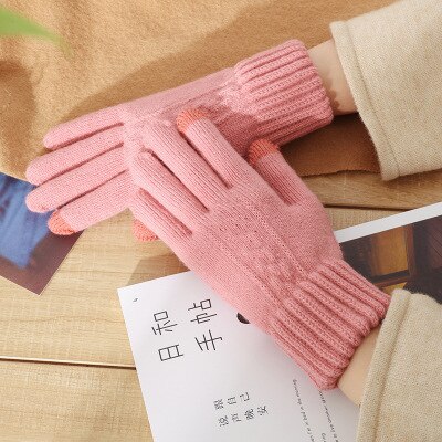 Guantes de punto de lana para mujer, guantes de lana trenzada con flores para pantalla táctil, invierno cálido, Jacquard de Cachemira, además de terciopelo, guante de conducción de abrigo grueso H48: Pink