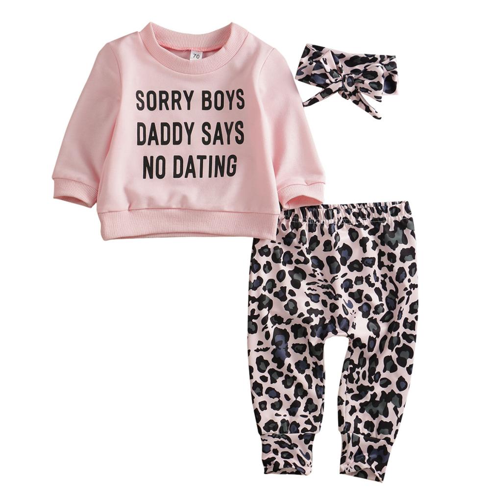 3 stk baby tøj sæt til babyer 0-4t forårs efterår far siger ingen dating toppe+leopard print bukser+pandebånd til piger til piger