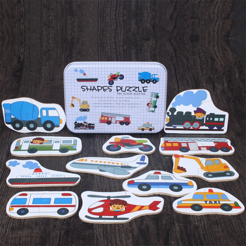 Big Size Vlok Baby Houten Puzzel Speelgoed Vroeg Onderwijs Cartoon Dier Fruit Cognitie Kaart Jigsaw Set Metalen Doos Voor Kinderen: traffic