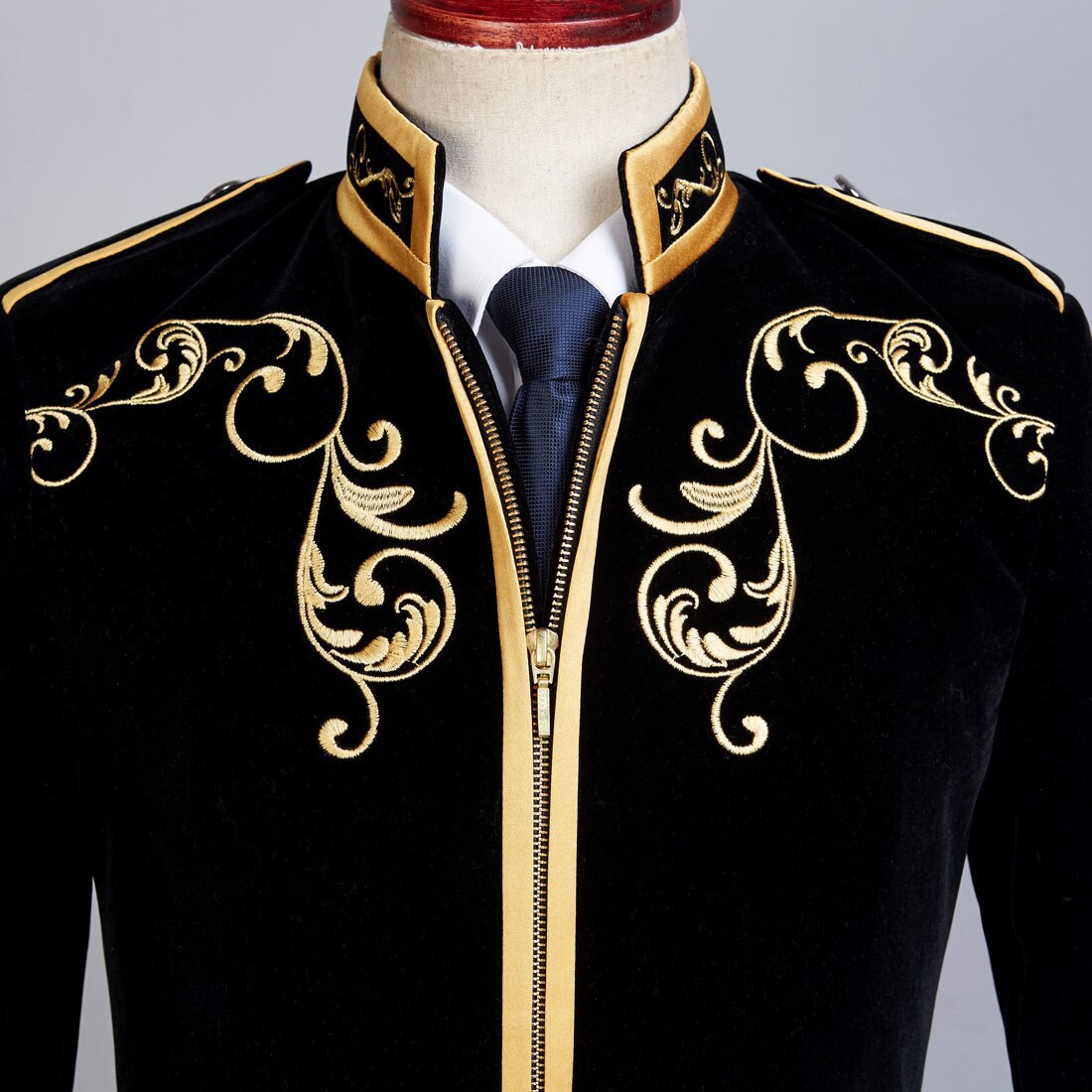 PYJTRL British Style Palace Prince Black Velvet Gold Embroidery Blazer Wedding Groom Slim Fit Suit Jacket Singers Coat