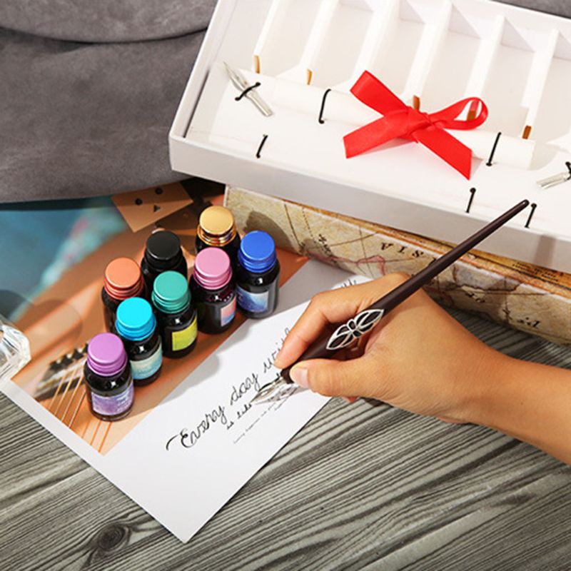 Wooden Caligraphy Dip Pen Hook Line Signature Fountain Pens with Ink Nibs Set Dip Pen Kit Offices School Stationery
