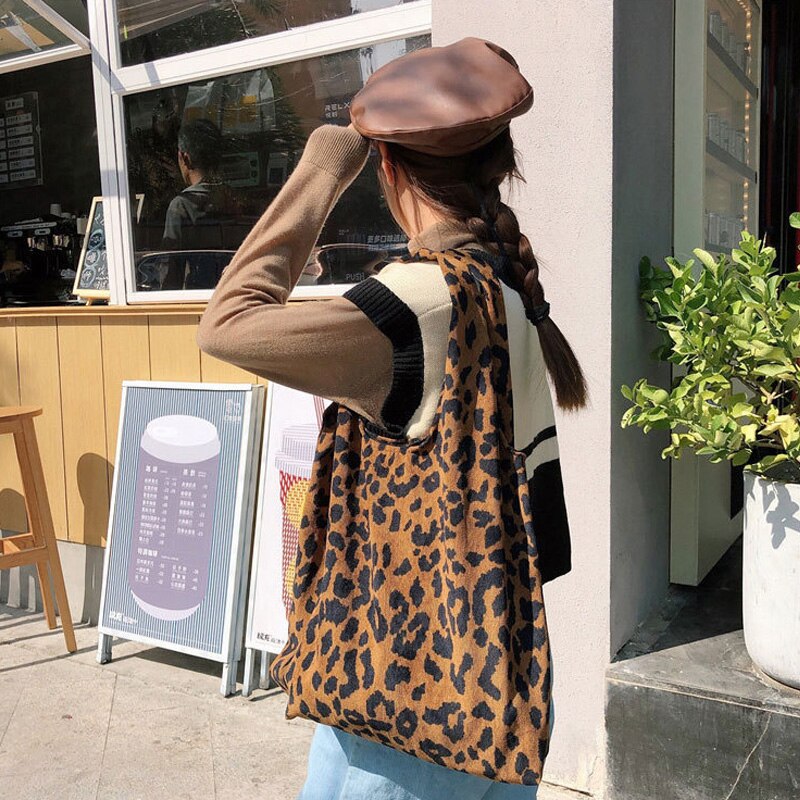 Dames corduroy schoudertassen met luipaardmotief, dames casual canvas handtassen, herbruikbare grote capaciteit dames boodschappentas strandtas